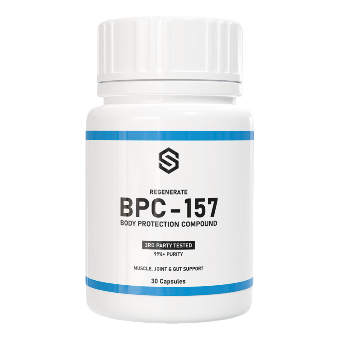 Photo of the Soothe BPC-157 bottle, front facing. White background.